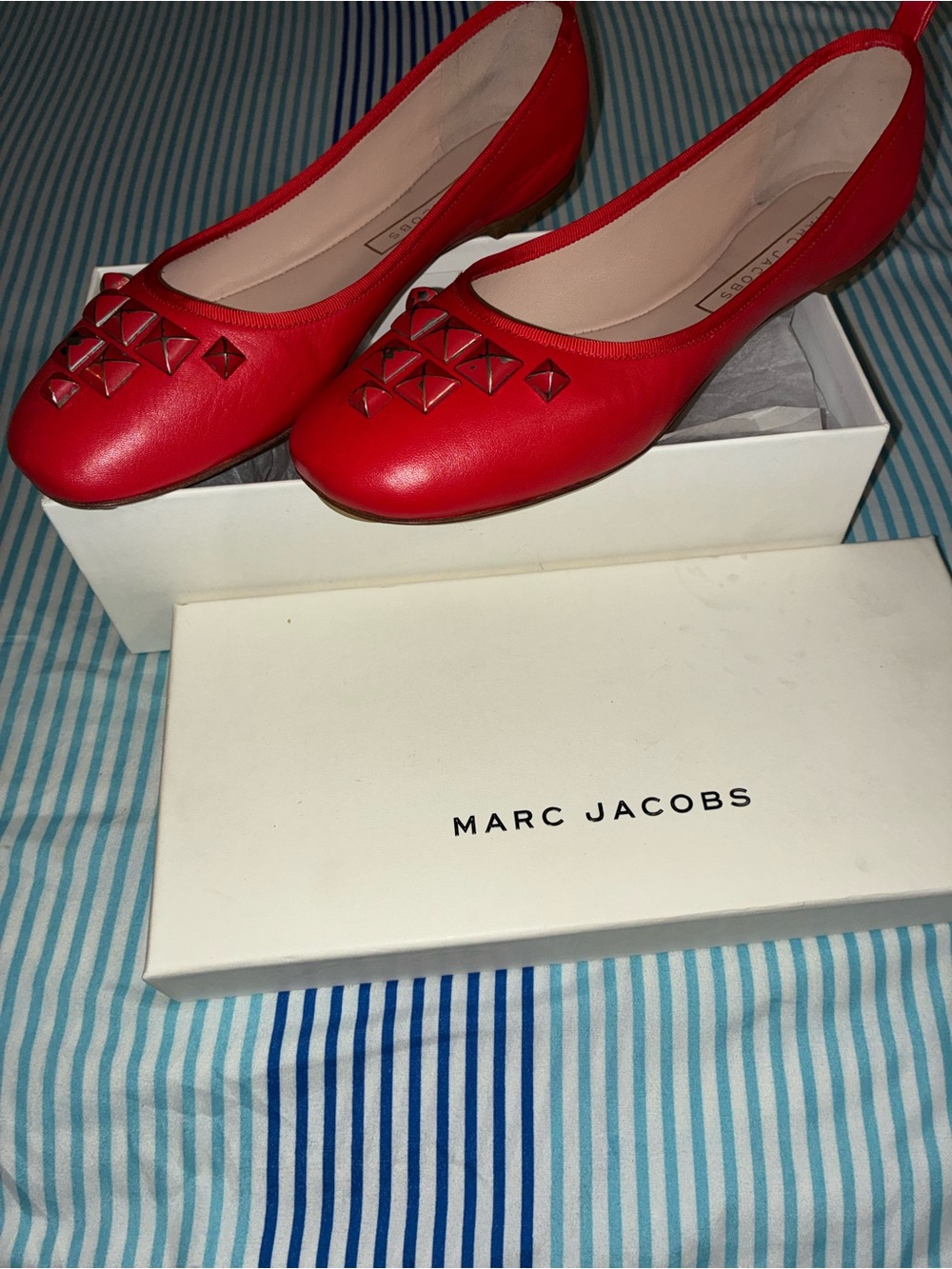 Marc Jacobs Red Pyramid-Stud Leather Ballet Flats